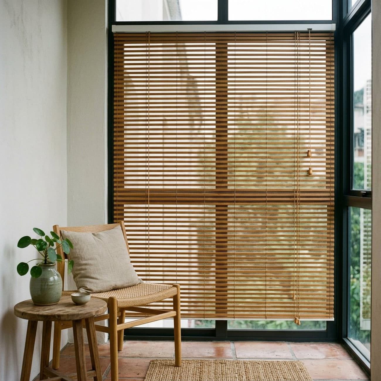 Бамбукові горизонтальні жалюзі на балконі: натуральна фактура, теплий тон